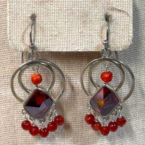 Sterling Silver Dangle Earrings Garnet Red Gemstones & Beads Chandelier Boho